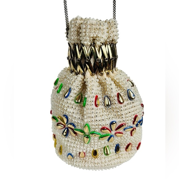 Vintage beaded & bejewelled evening bag, metal retractable closure, chain straps - Picture 5 of 13